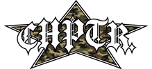 A stylized gothic lettering graphic reading 'CHPTR' over a black outlined star, with the star filled in a camouflage pattern of green, brown, tan, and black, on a plain white background.